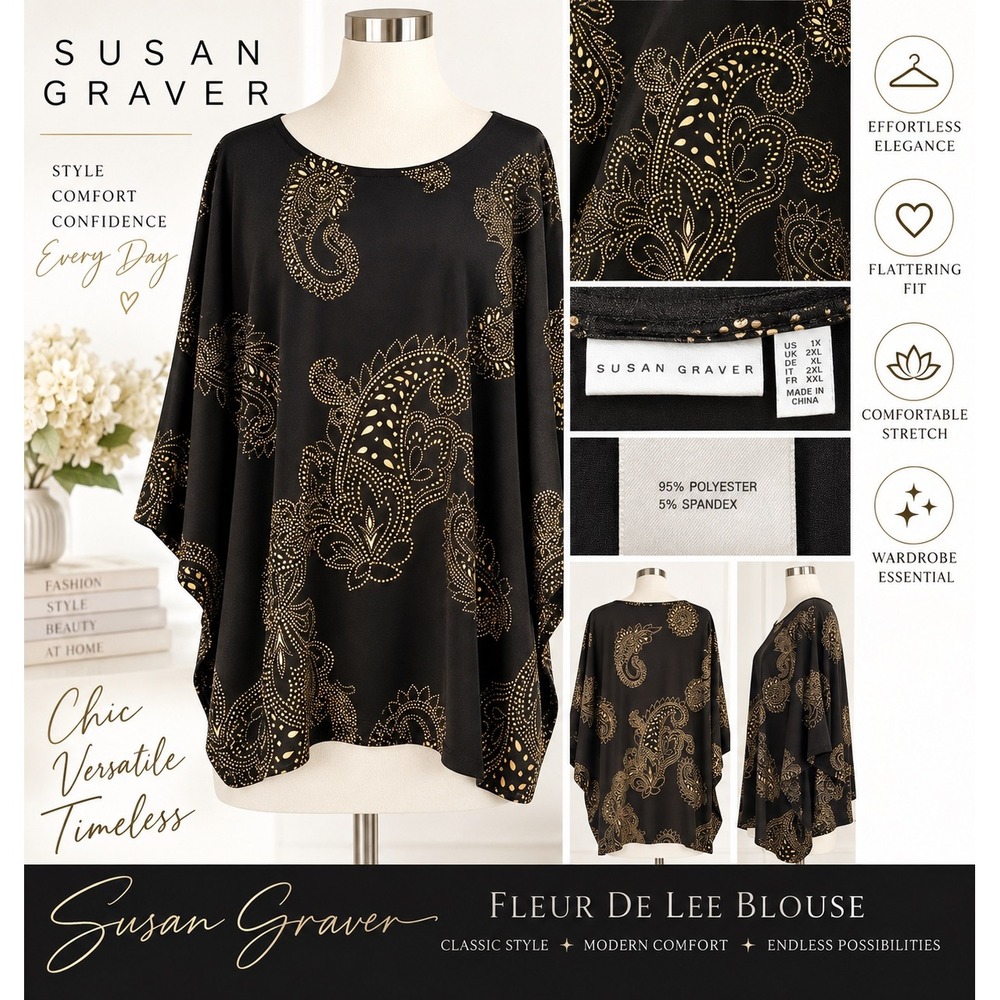 Susan Graver 1X Black & Gold Paisley Fleur de Lis Batwing Dolman Blouse EUC